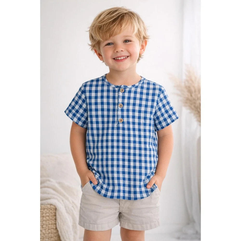 Mumu Mini Tate‎ Shirt Boys 2T Blue White Gingham Henley Short Sleeve